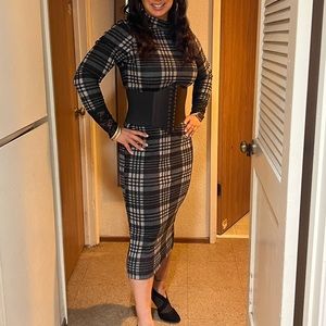 Lace plaid detail bodycon dress w/ corset belt